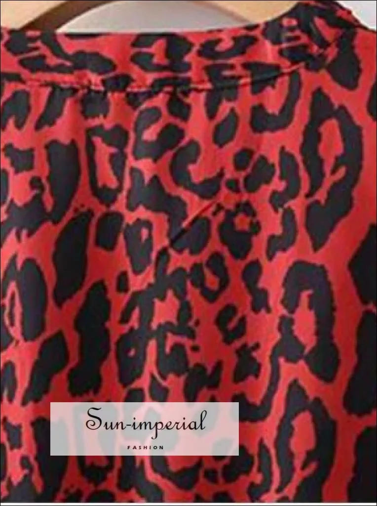 Bow Tie Collar Leopard Print Pleated Dress Red Animal Pattern Elastic Waist Long Sleeve Knee