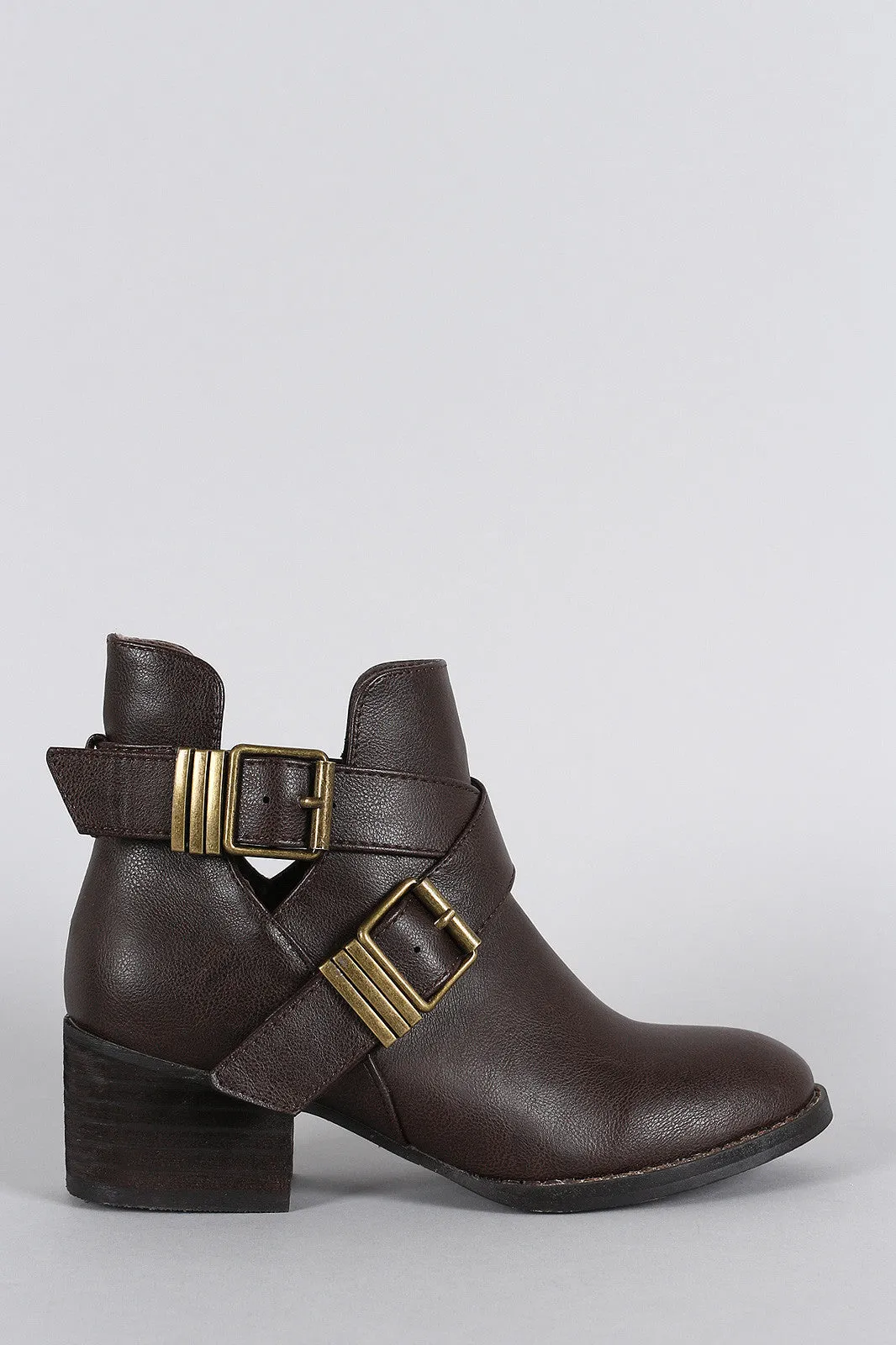 Breckelle Double Buckle Criss Cross Round Toe Cutout Booties