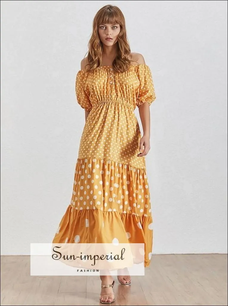 Brooke Dress- Summer Polka Dot Dress for Women Slash Neck Puff Sleeve High Waist Maxi Dress