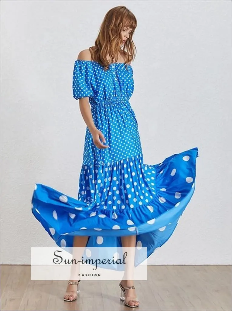 Brooke Dress- Summer Polka Dot Dress for Women Slash Neck Puff Sleeve High Waist Maxi Dress