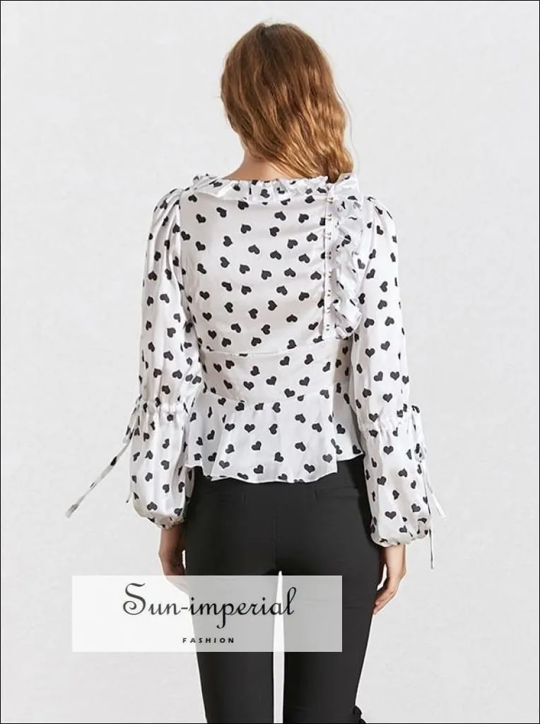 Brylee top - Vintage White Heart Print Blouse for Women V Neck Long Sleeve Drawstring Hook front