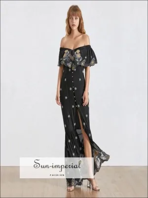 Butterfly Dress in Maxi - Elegant Embroidery Women Dress off Shoulder Slash Neck High Waist Split