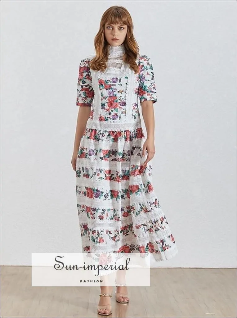 Cannes Dress -print Vintage Women Dress Stand Half Sleeve High Waist Lace Patchwork Midi Dress