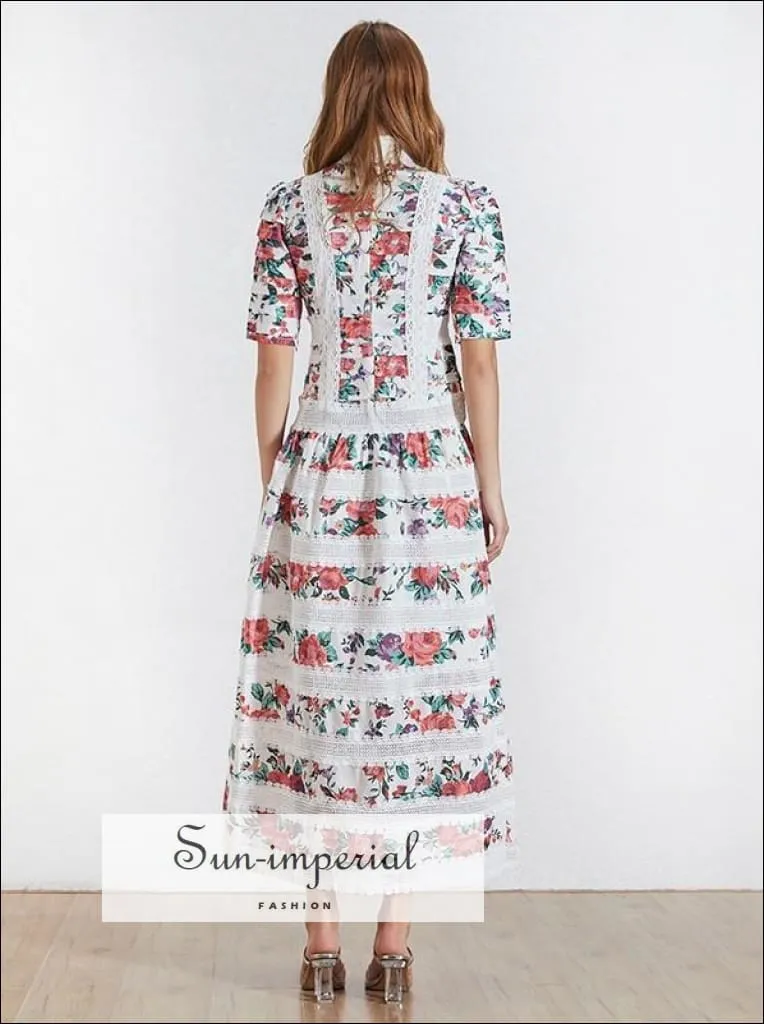 Cannes Dress -print Vintage Women Dress Stand Half Sleeve High Waist Lace Patchwork Midi Dress