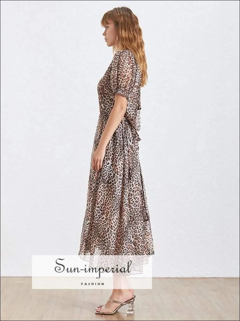 Catania Dress - Leopard Dress for Women V Neck Backless Short Sleeve High Waist Dress