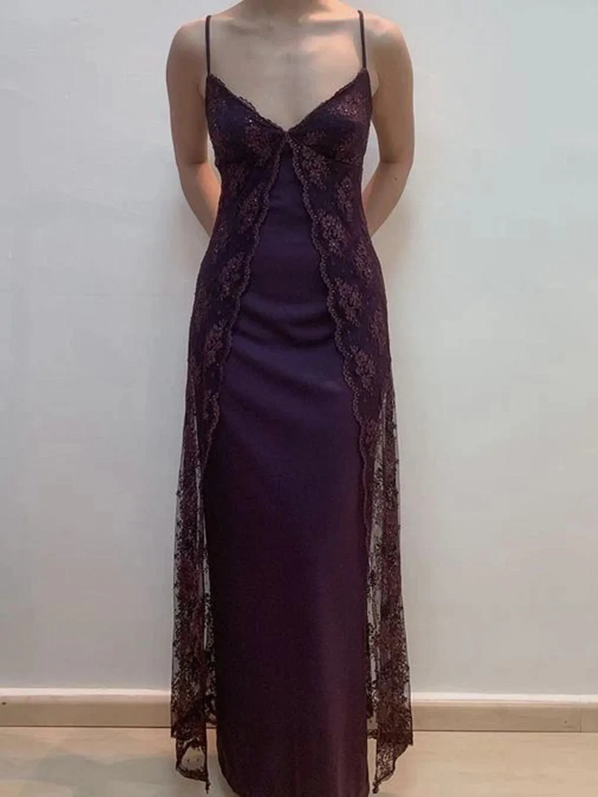 Charming V-neckline Purple Lace Straps A-line Prom Dress, Purple Long Formal Dress