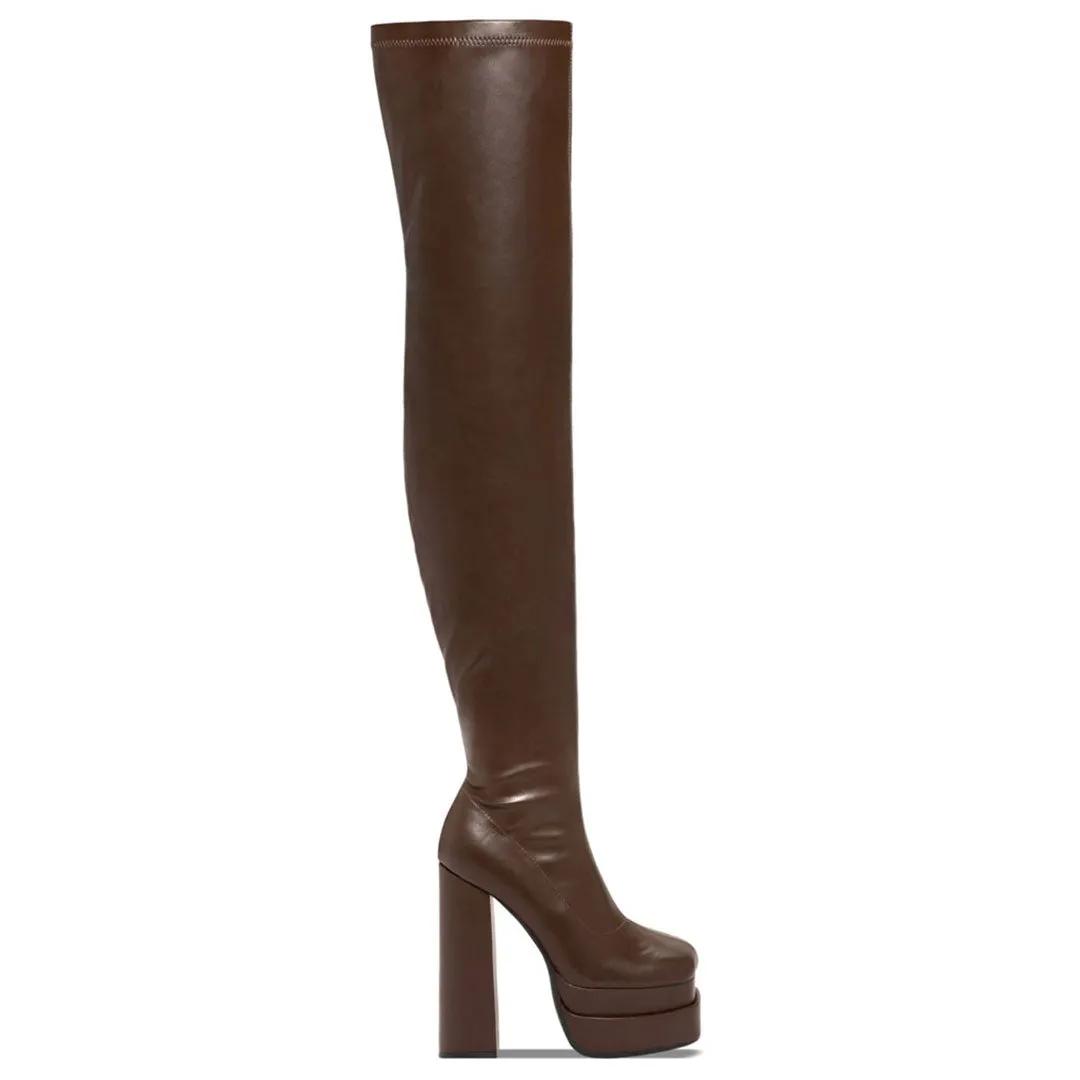 Chic Square Toe Platform Over Knee Chunky High Heel Boots - Coffee