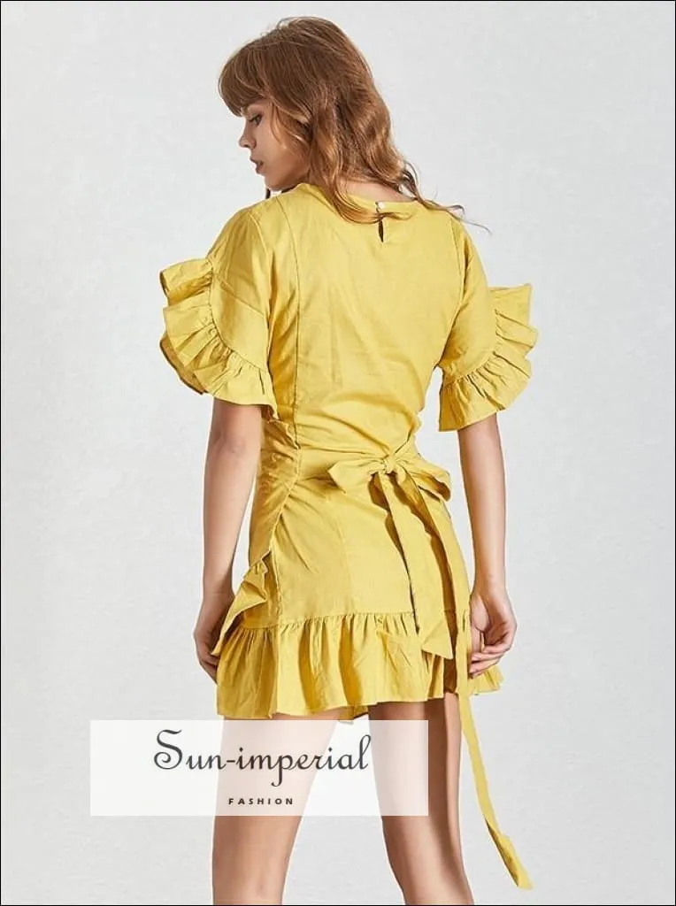 Clara Dress - Casual Ruffles Women Dress O Neck Short Sleeve High Waist Lace up Asymmetrical Mini