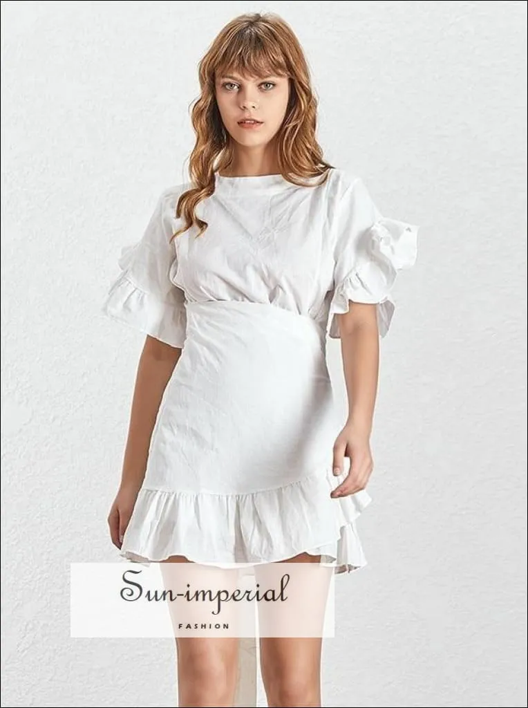 Clara Dress - Casual Ruffles Women Dress O Neck Short Sleeve High Waist Lace up Asymmetrical Mini