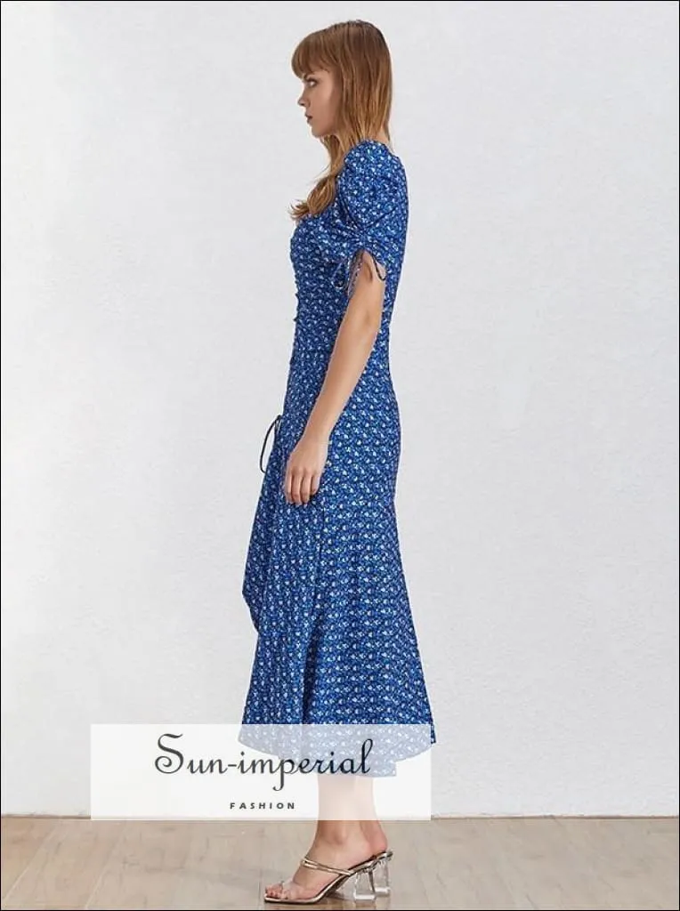 Colette Dress- Blue Vintage Floral Print Midi Dress V Neck Puff Short Sleeve High Waist Ruched Midi