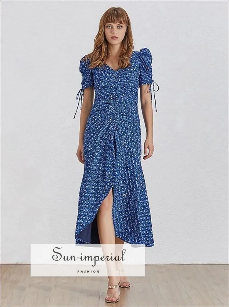 Colette Dress- Blue Vintage Floral Print Midi Dress V Neck Puff Short Sleeve High Waist Ruched Midi