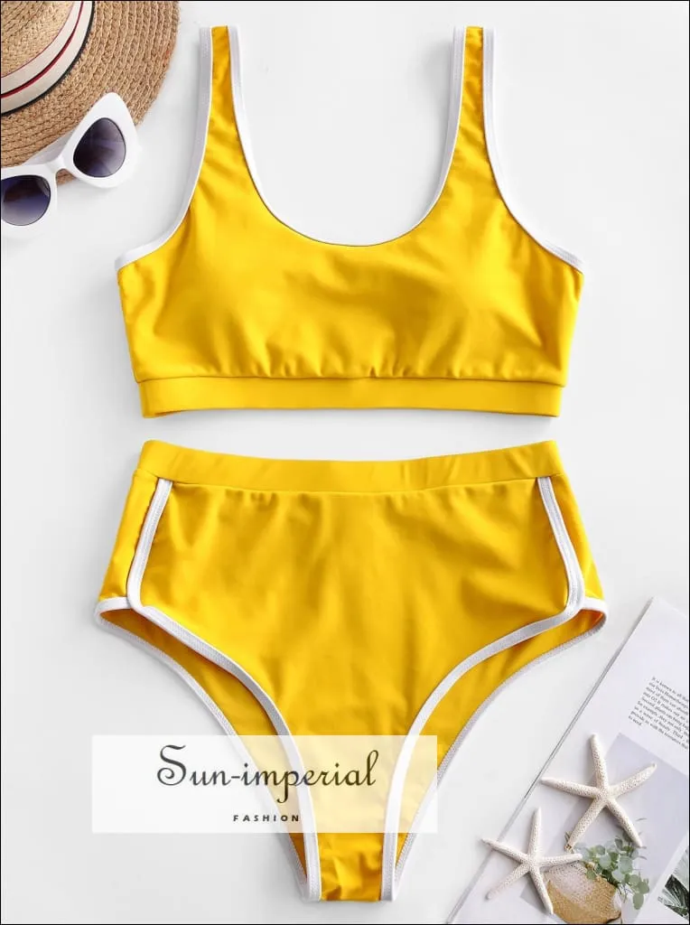 Contrast Trim High Rise Padded Tankini Swimwear Bikini Set