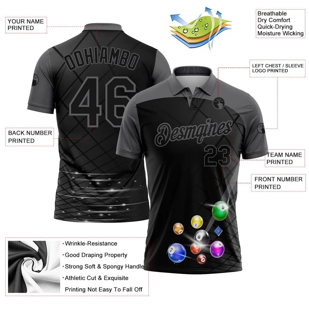 Custom Black Gray 3D Pattern Design Billiards Performance Polo Shirt