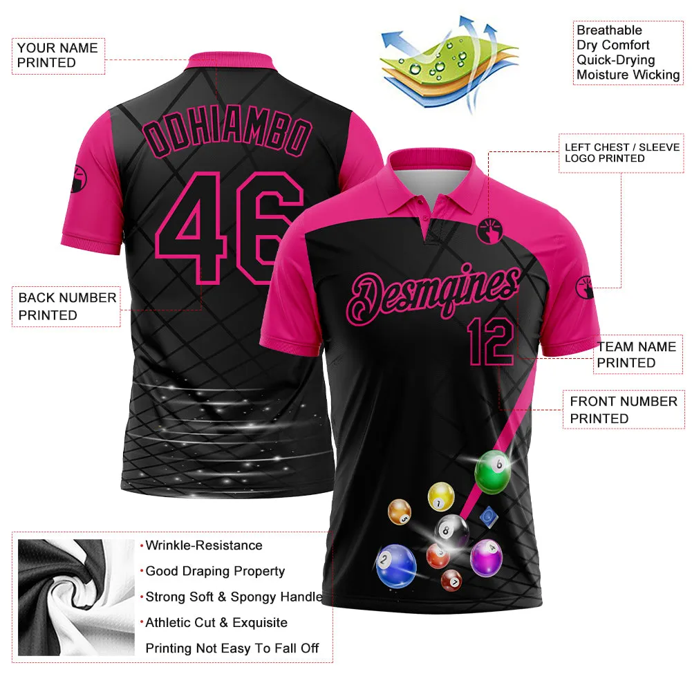 Custom Black Hot Pink 3D Pattern Design Billiards Performance Polo Shirt