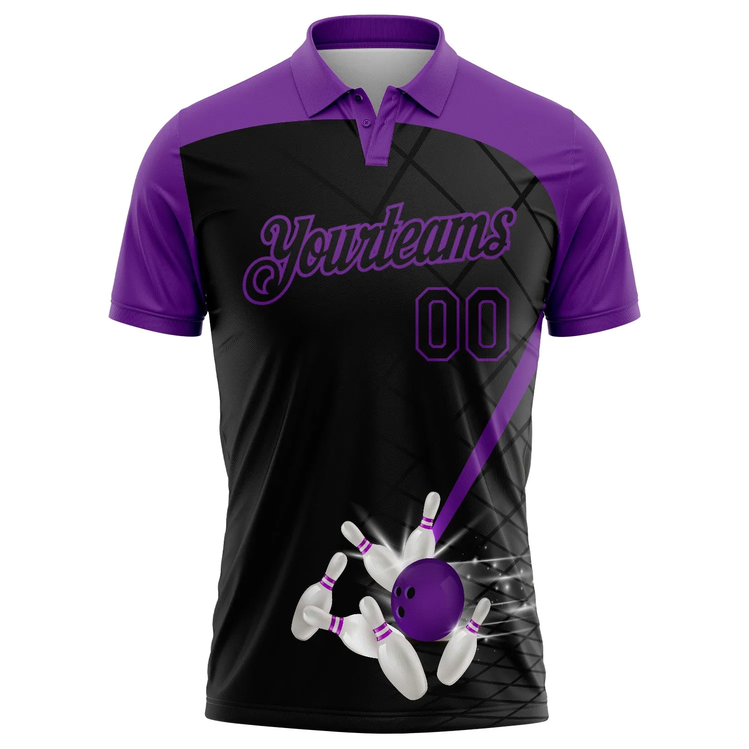 Custom Black Purple 3D Pattern Design Bowling Performance Polo Shirt