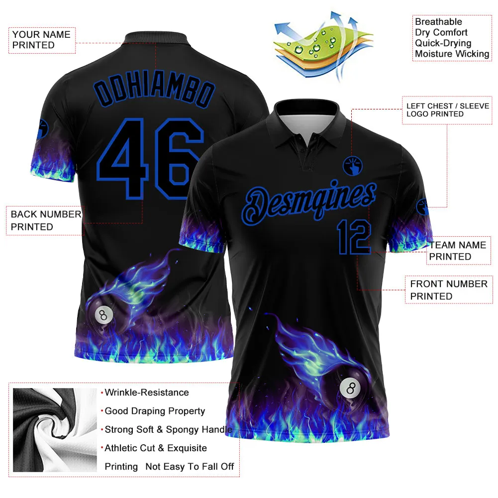 Custom Black Thunder Blue 3D Pattern Design Flame Billiards 8 Ball Performance Polo Shirt