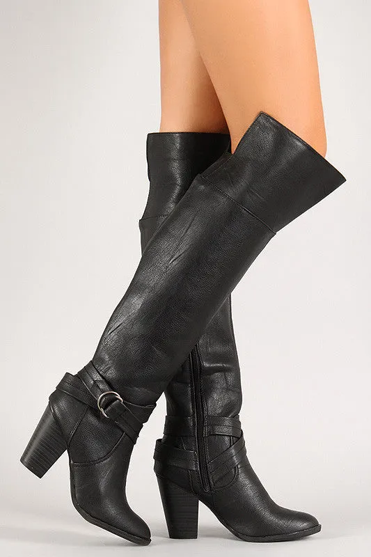 D-Ring Buckle Chunky Heeled Thigh High Boot