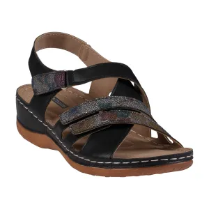 Dalary Black Strappy Velcro Two-Tone Comfort Flat Sandals