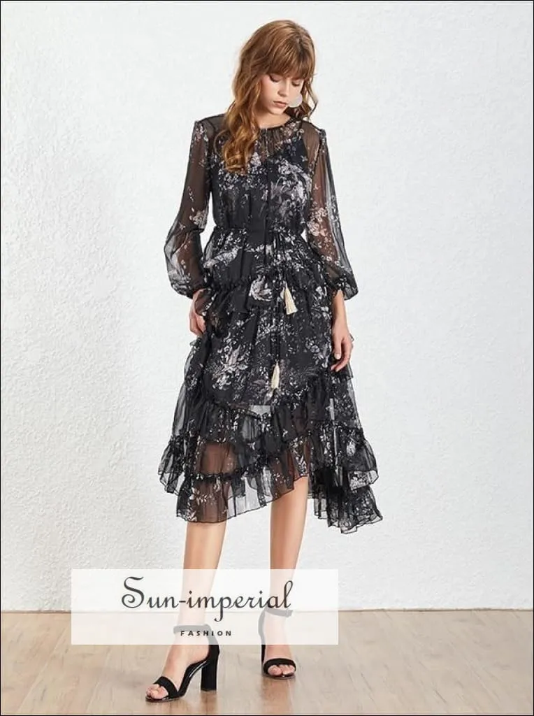 Dana Dress - Vintage Floral Asymmetrical O Neck Midi Sheer Ruffle Long Sleeve Dress