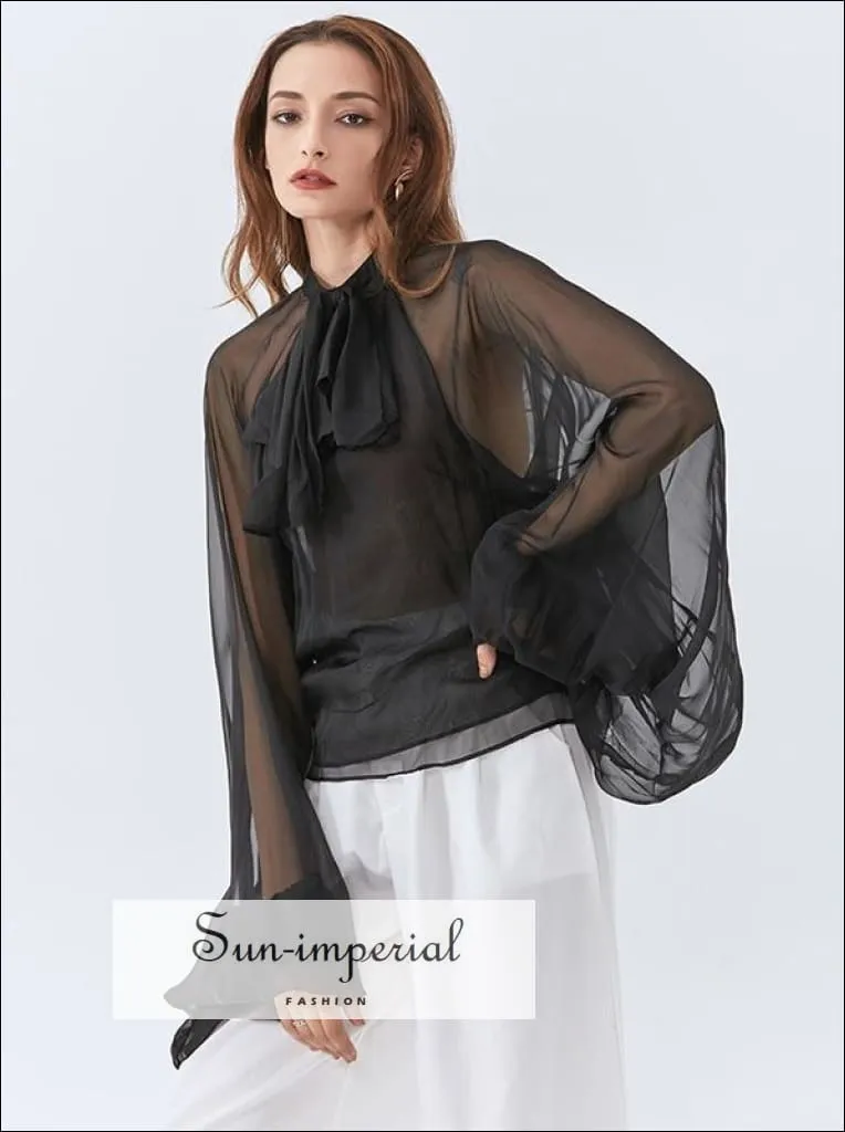 Demi top - Women's Black Sheer Chiffon Long Lantern Sleeve Bow Tie Blouse