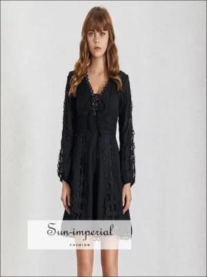 Doa Lipa Dress- Black and White Solid Elegant Lace Mini Dresses V Neck Long Sleeve High Waist