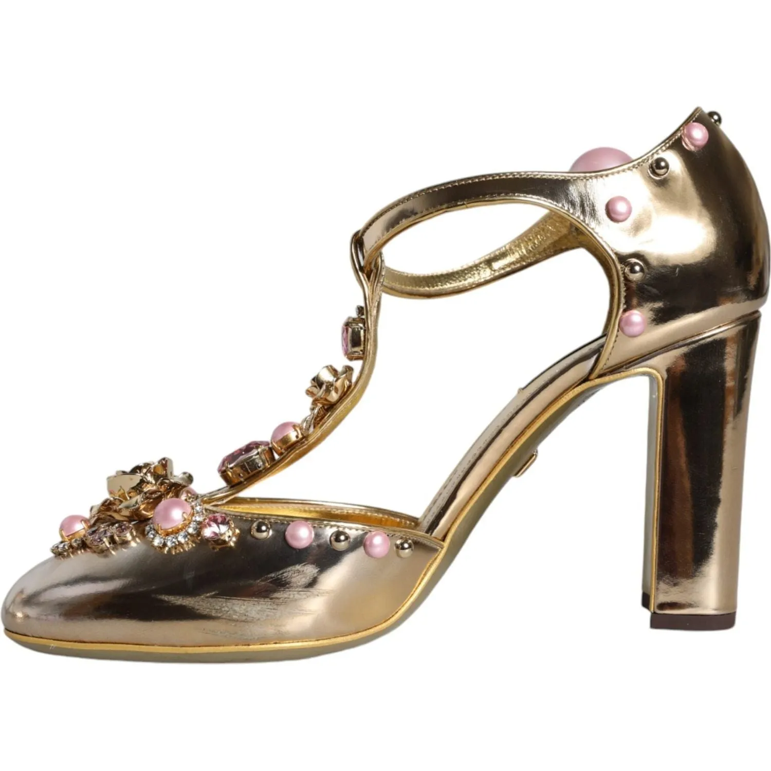 Dolce & Gabbana Gold Embellished Leather T-strap Heels Shoes