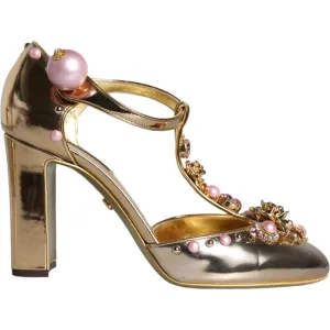 Dolce & Gabbana Gold Embellished Leather T-strap Heels Shoes