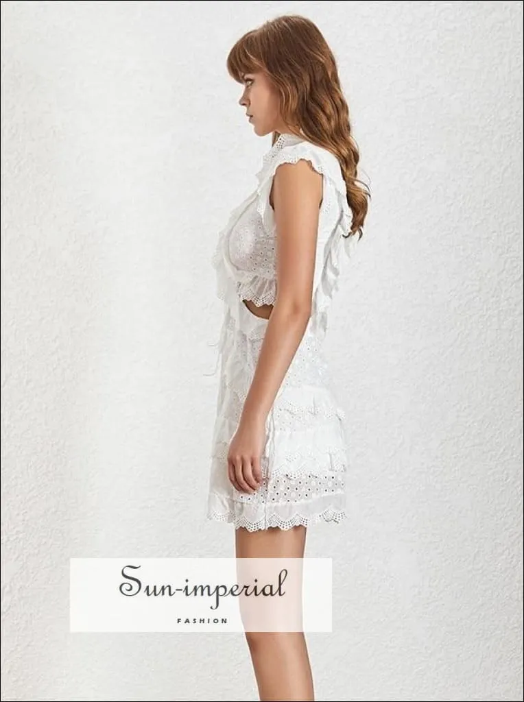 Dona Dress - Vintage Elegant Solid White Lace Sleeveless Ruffle Cut off Waist Slim Mini Dress