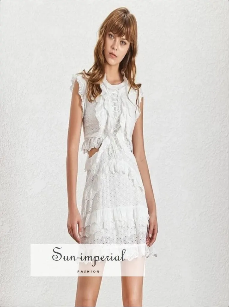 Dona Dress - Vintage Elegant Solid White Lace Sleeveless Ruffle Cut off Waist Slim Mini Dress