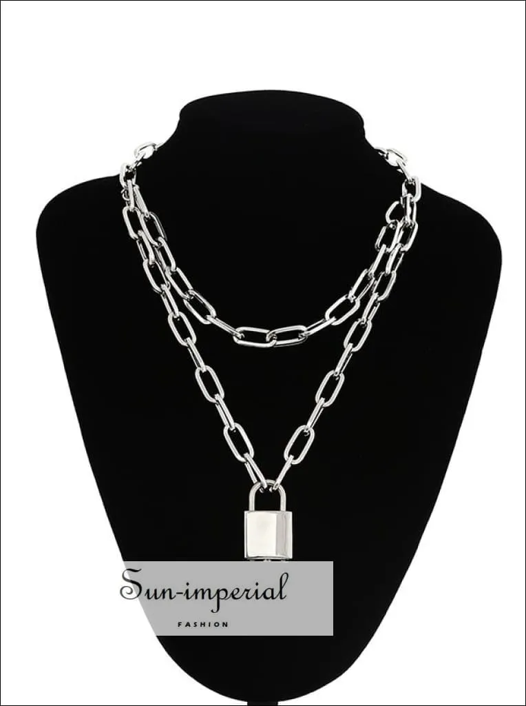 Double Layer Lock Chain Necklace Punk 90s Silver Color Padlock Pendant Gothic Jewelry