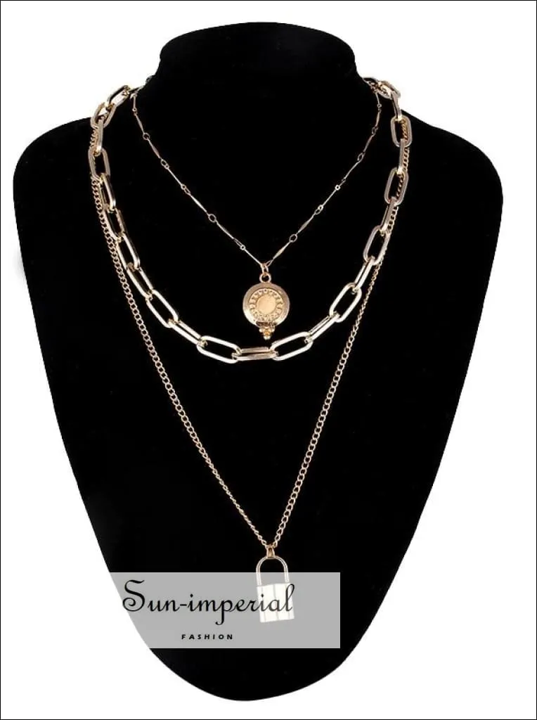 Double Layer Lock Chain Necklace Punk 90s Silver Color Padlock Pendant Gothic Jewelry