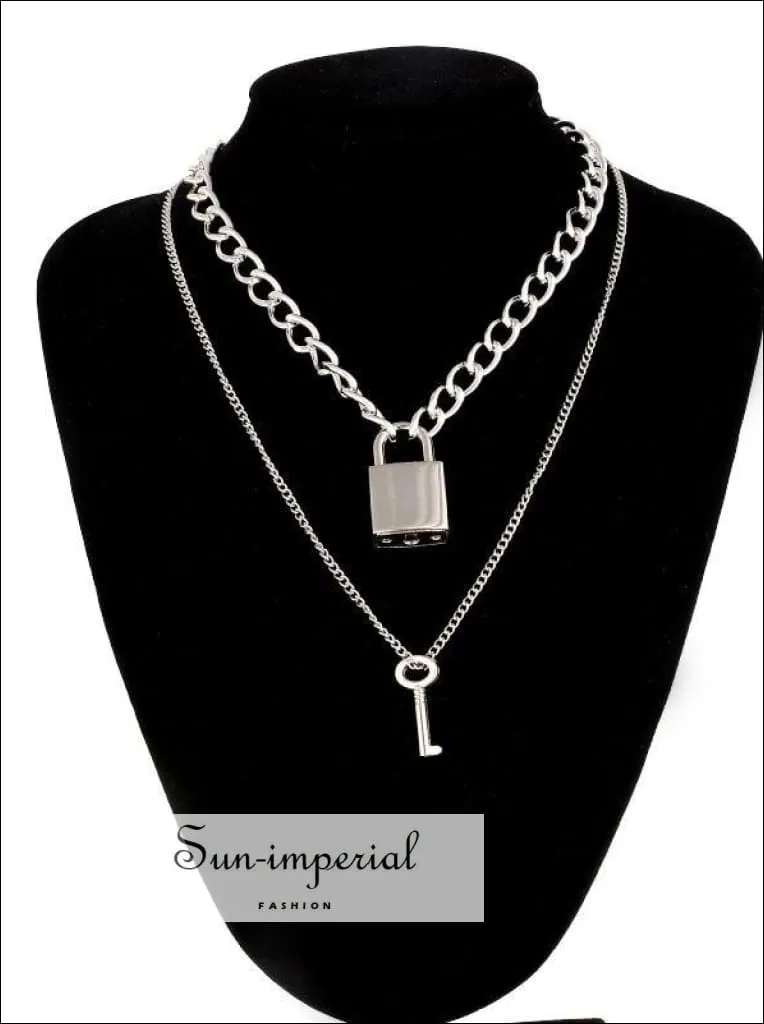 Double Layer Lock Chain Necklace Punk 90s Silver Color Padlock Pendant Gothic Jewelry