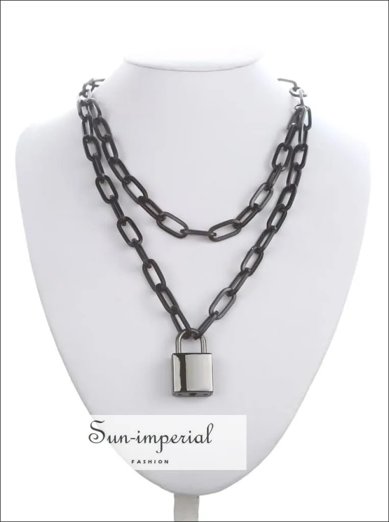 Double Layer Lock Chain Necklace Punk 90s Silver Color Padlock Pendant Gothic Jewelry