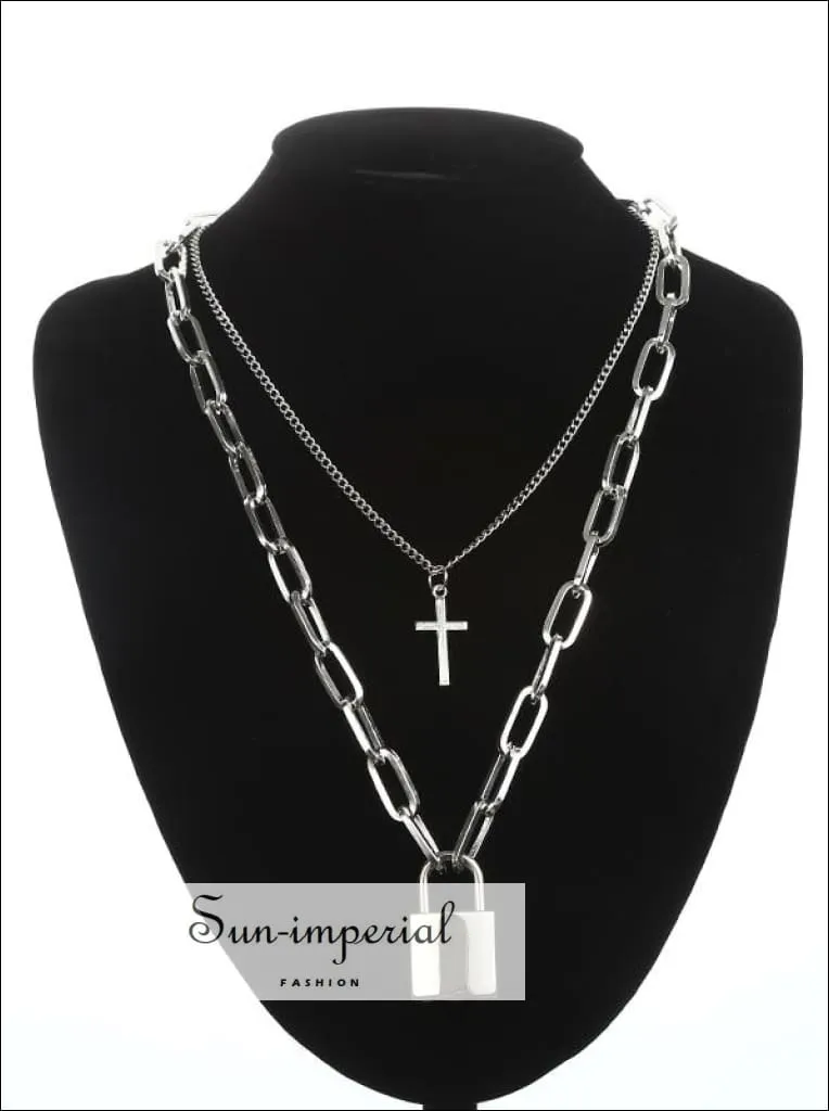 Double Layer Lock Chain Necklace Punk 90s Silver Color Padlock Pendant Gothic Jewelry