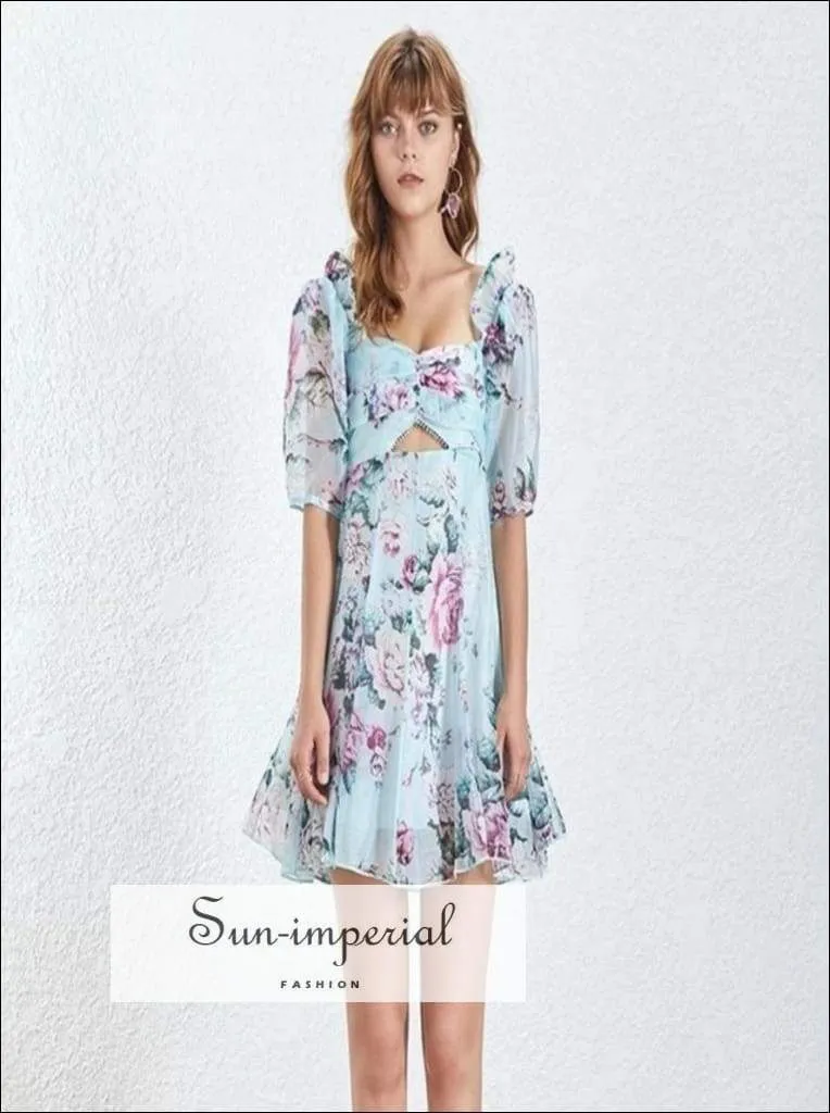 Dunkirk Dress - Print Vintage Women Dress Square Collar Short Sleeve Lace High Waist Mini