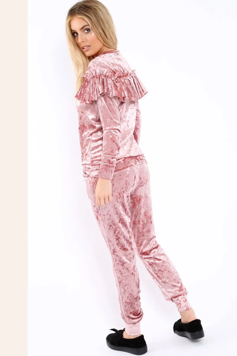 Dusty Pink Velvet Frill Tracksuit - Katey