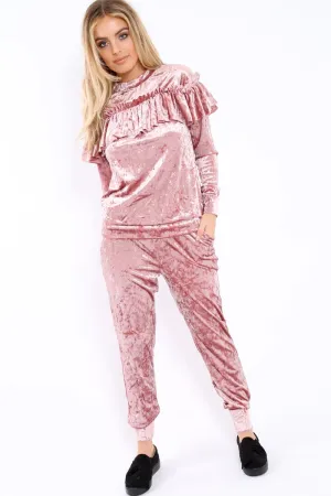 Dusty Pink Velvet Frill Tracksuit - Katey