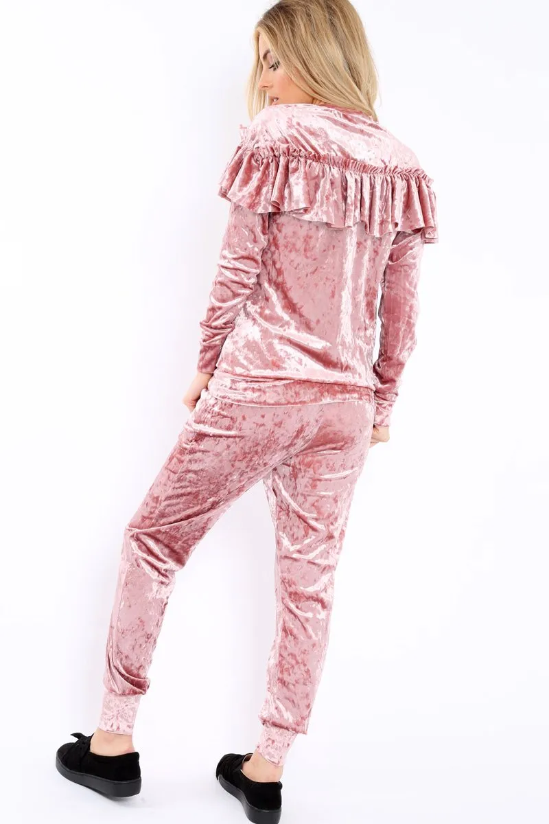 Dusty Pink Velvet Frill Tracksuit - Katey