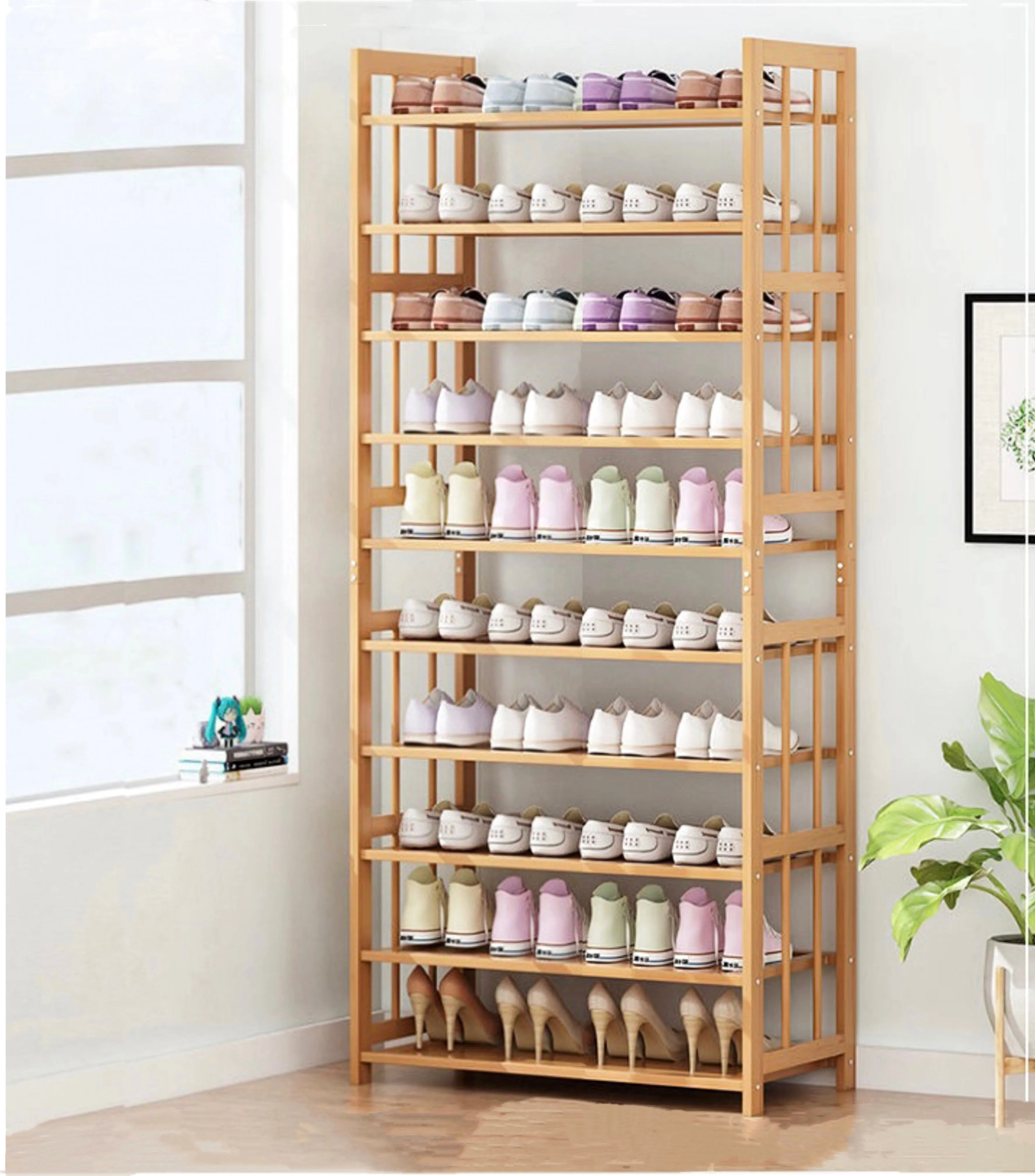 Eco-friendly 10-Tiers Bamboo Shoe Rack, Holds 50 Pairs, Ekkio