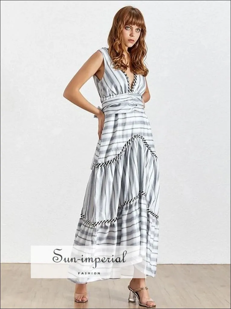 Elizabeth Dress - Sleeveless Striped Women Dress off Shoulder Backless V Neck High Waist Bandage