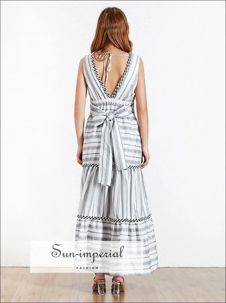 Elizabeth Dress - Sleeveless Striped Women Dress off Shoulder Backless V Neck High Waist Bandage