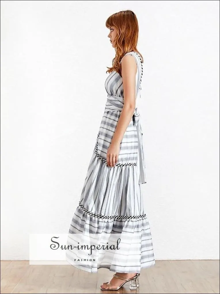 Elizabeth Dress - Sleeveless Striped Women Dress off Shoulder Backless V Neck High Waist Bandage