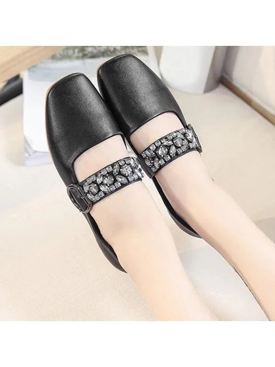 Fashion Rhinestone Buckle Strap Low Heel Flats