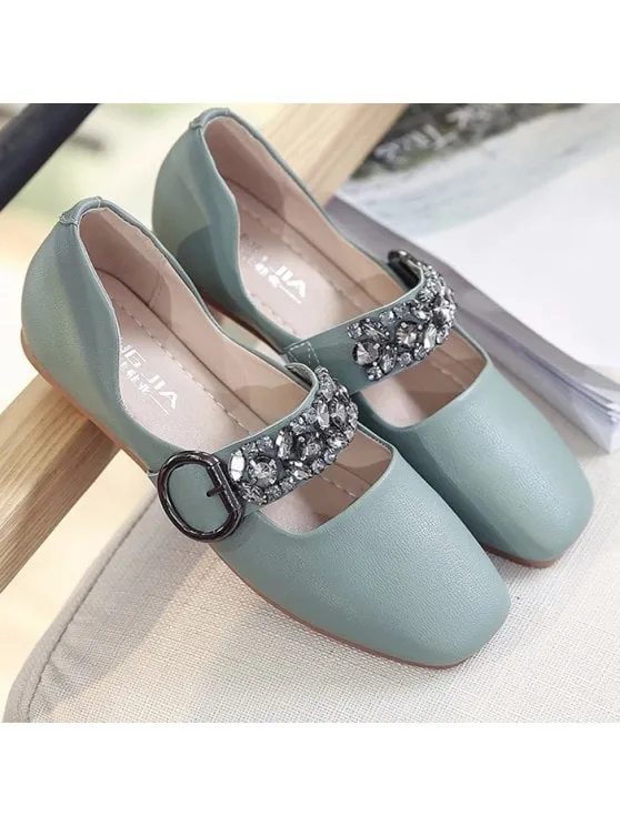 Fashion Rhinestone Buckle Strap Low Heel Flats