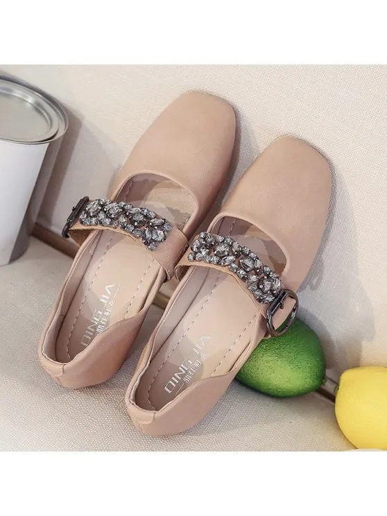 Fashion Rhinestone Buckle Strap Low Heel Flats