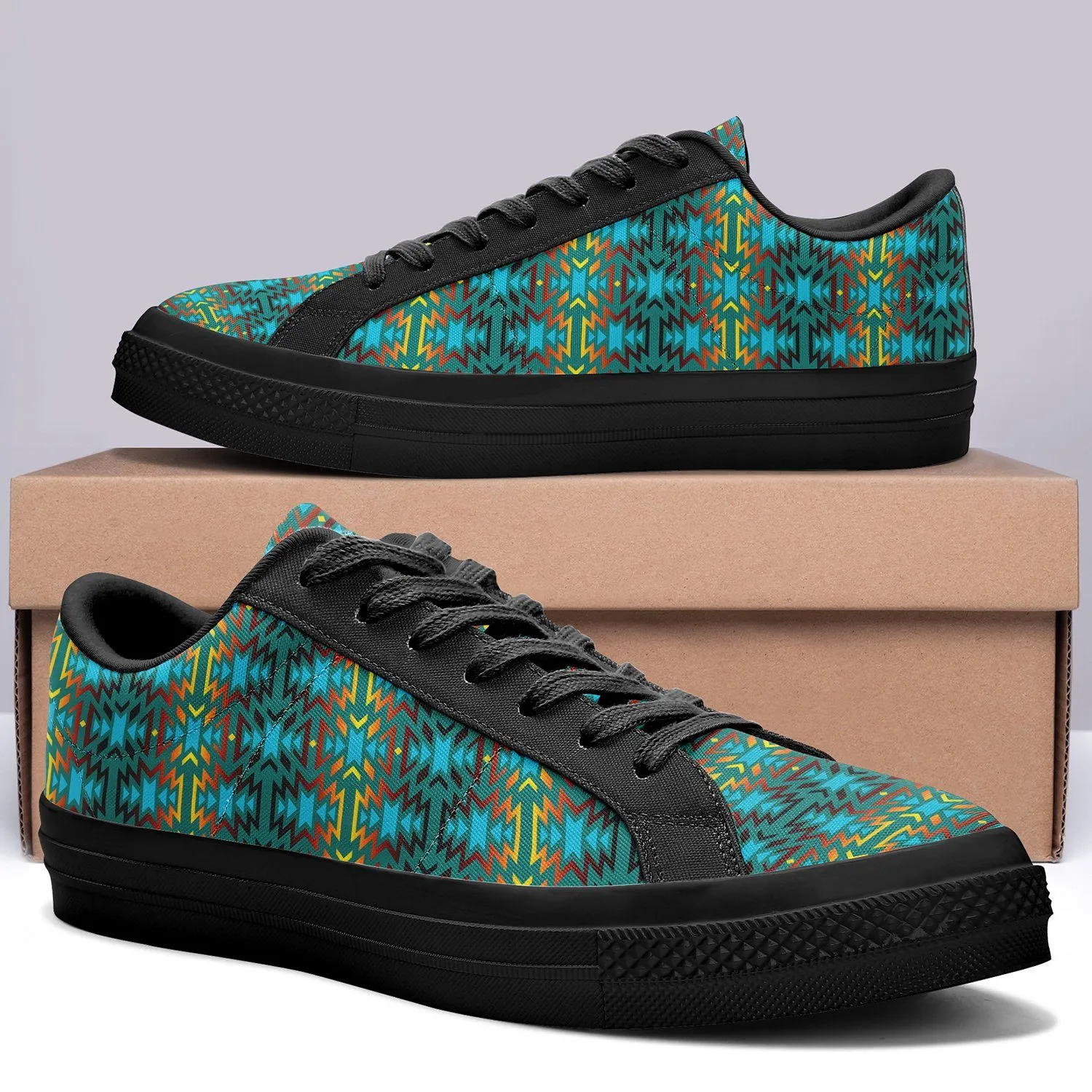 Fire Colors and Turquoise Teal Aapisi Low Top Canvas Shoes Black Sole