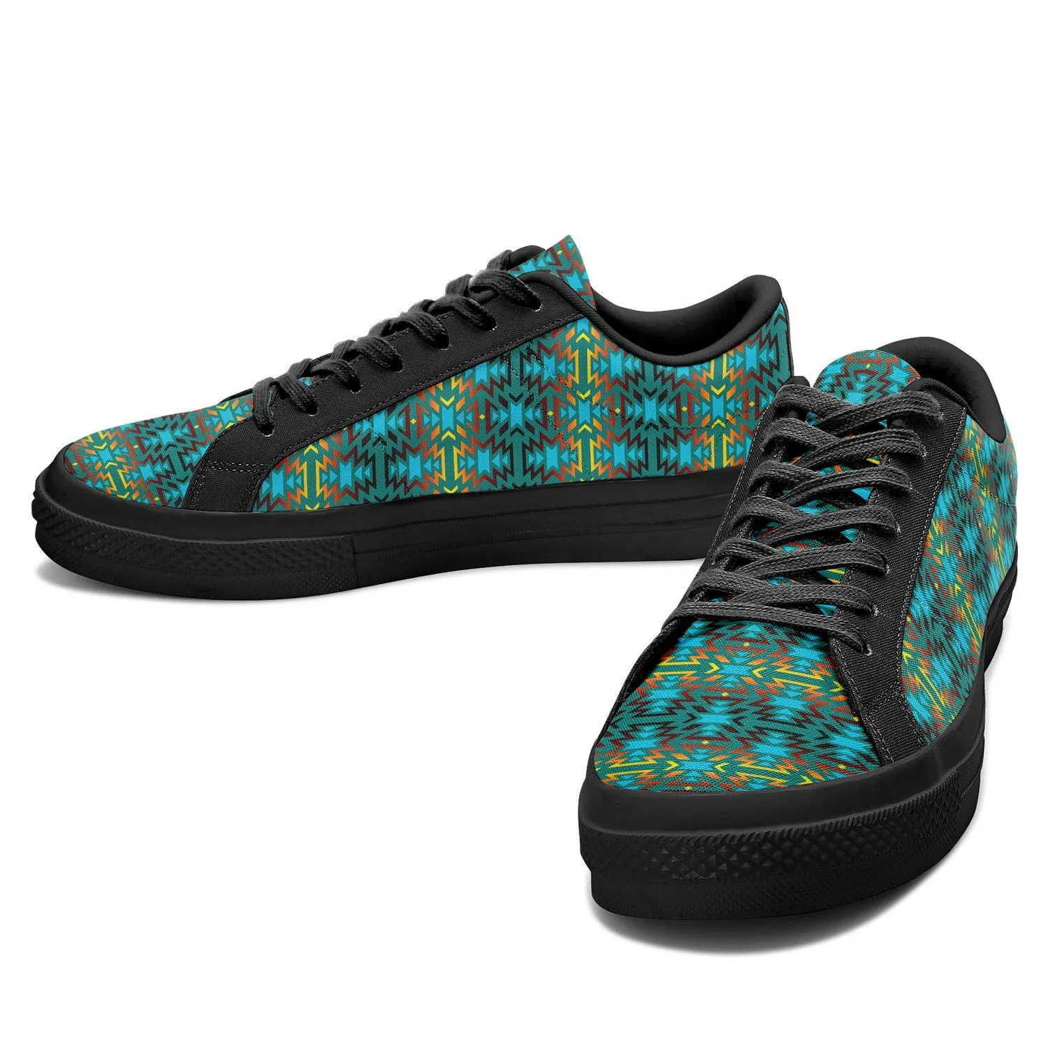 Fire Colors and Turquoise Teal Aapisi Low Top Canvas Shoes Black Sole