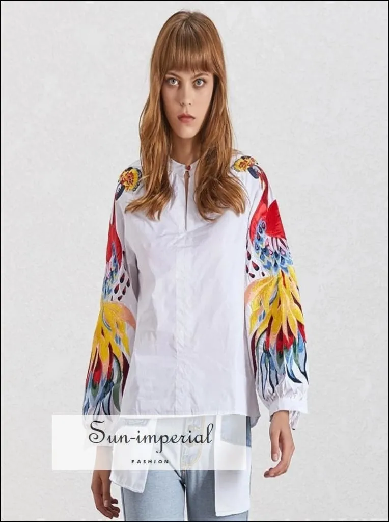 Flower Power top - White Long Sleeve Peacock Print Embroidery Blouse for Women Lantern Sleeve Loose