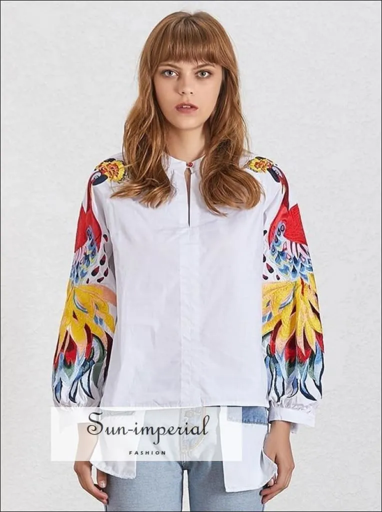 Flower Power top - White Long Sleeve Peacock Print Embroidery Blouse for Women Lantern Sleeve Loose