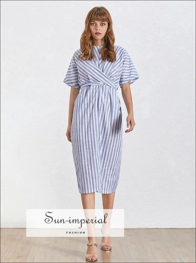 Freya Dress- Summer Striped Women Dress O Neck Short Sleeve Lace up Split Midi Dress